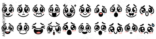 Cartoon face expression isolated vector icons, funny emoji satisfied, and crazy, angry, laughing and sad. Facial emoticon feelings upset, happy, toothy and sad, dissatisfied. Cute face expressions set
