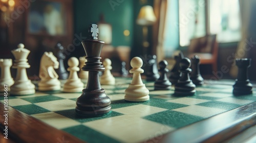 Wallpaper Mural A close-up of a chessboard with pieces set for a game in a cozy room. Torontodigital.ca