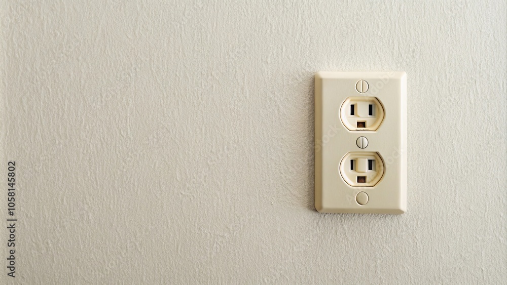 Electrical outlet on a wall with white socket and beige cover plate, wall, electricity, power, house, home, technology