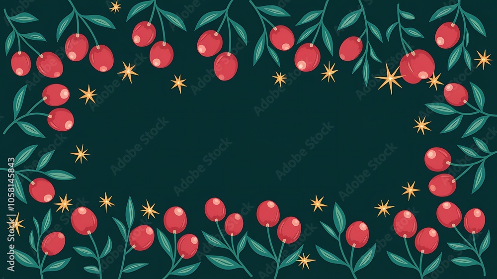 Festive Red Berries with Green Leaves and Golden Stars on a Deep Green Background Festive Red Berries with Green Leaves and Golden Stars on a Deep Green Background
