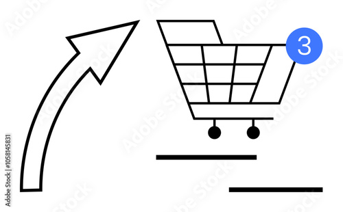 Shopping cart with three items notification and upward arrow. Ideal for e-commerce, online shopping platforms, digital marketing, sales growth, user notifications, retail business, and app