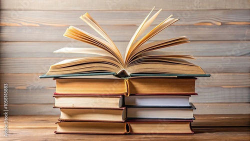 A composition featuring an open book resting on a stack of other books, education, reading, literature, study