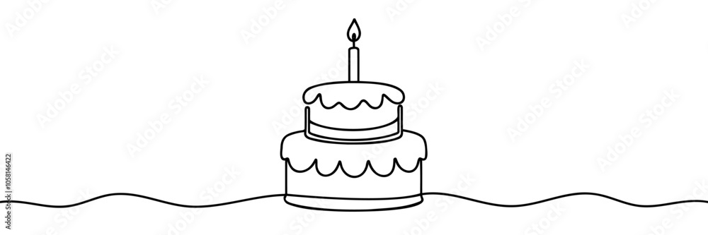 Continuous one line drawing of birthday cake with candles. Symbol of sweet celebration torte and pastry confectionery icon concept in simple linear style. Continuous one line drawing of birthday cake with candles. Symbol of sweet celebration torte and pastry confectionery icon concept in simple linear style.