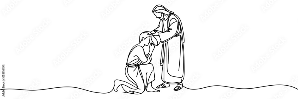 Jesus Christ healing a man Continuous one line drawing. Jesus Christ healing a man Continuous one line drawing.