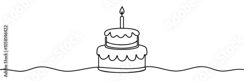 Continuous one line drawing of birthday cake with candles. Symbol of sweet celebration torte and pastry confectionery icon concept in simple linear style.