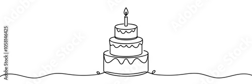 Continuous one line drawing of birthday cake with candles. Symbol of sweet celebration torte and pastry confectionery icon concept in simple linear style.