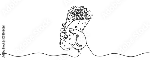 One single line drawing of Mexican burritos, Greek shawarma, shawarma or gyro. Street fast food concept. Modern continuous line draw design logo for cafe. Vector illustration