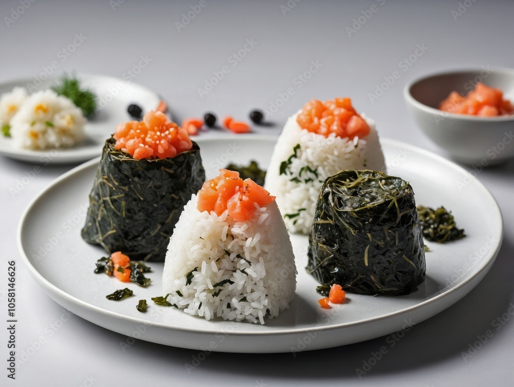 Onigiri on White Plate with Seaweed Wrap on Light Background Onigiri on White Plate with Seaweed Wrap on Light Background