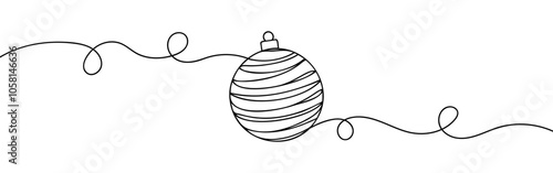 Christmas ball in One Continuous line drawing. Festive Christmas tree bauble with ribbon in simple linear style. Doodle outline vector illustration