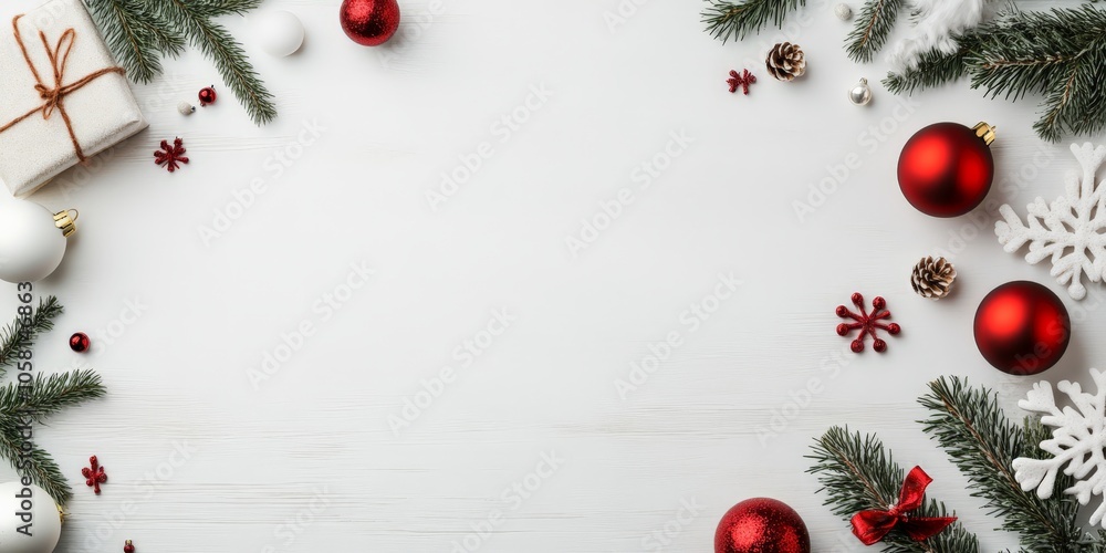 A white wooden background adorned with red and white ornaments and holiday greenery sets a festive tone, perfect for Christmas announcements or designs. A white wooden background adorned with red and white ornaments and holiday greenery sets a festive tone, perfect for Christmas announcements or designs.