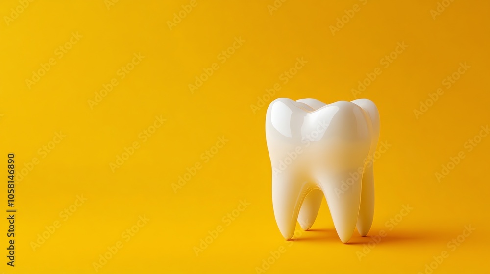 A single, white tooth on a yellow background. A single, white tooth on a yellow background.