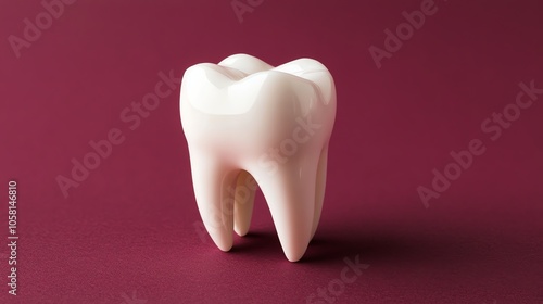 A single, white tooth on a burgundy red background.