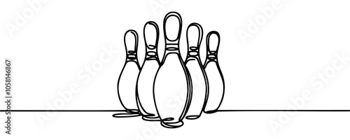 Single one line drawing bowling ball and pins. Sports equipment bowling sport game. Vector illustration
