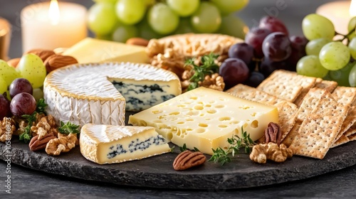 Delicious cheese platter with grapes, nuts, and crackers on dark stone surface.