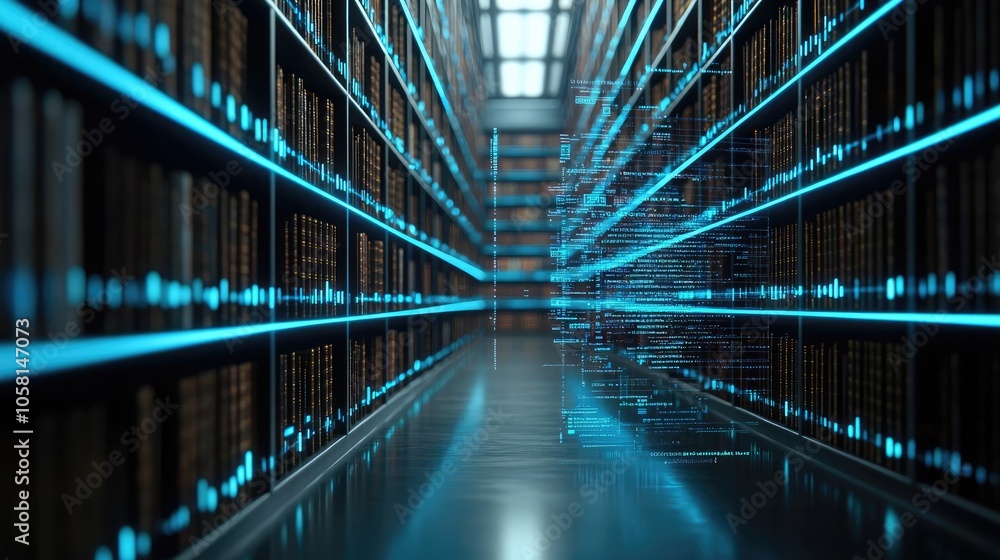 Futuristic library with glowing shelves and digital elements. Futuristic library with glowing shelves and digital elements.