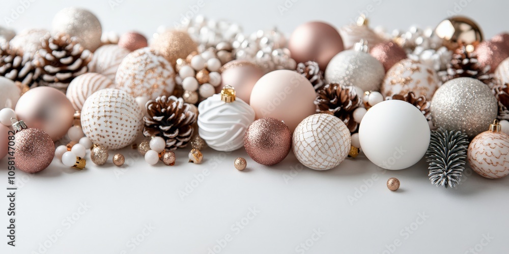 Obraz premium A beautiful array of shimmering holiday ornaments, including baubles and pine cones, set against a light background, creating a festive and elegant scene.