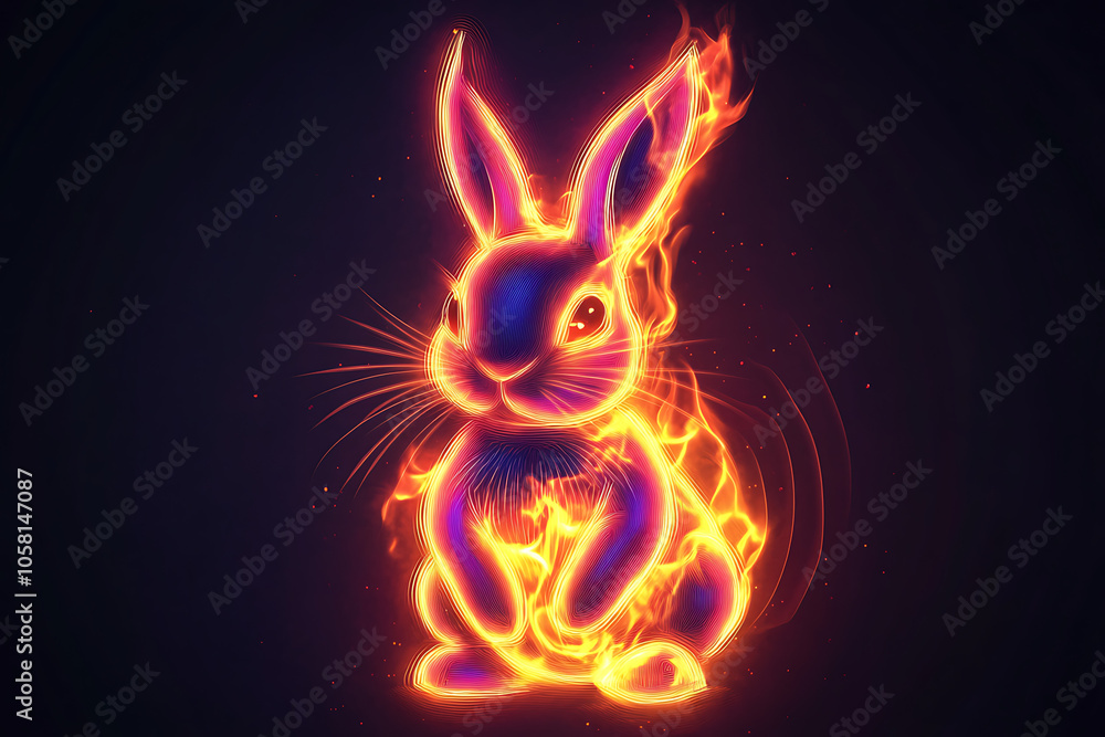 Fototapeta premium neon burning bunny illustration, black background, cartoon style