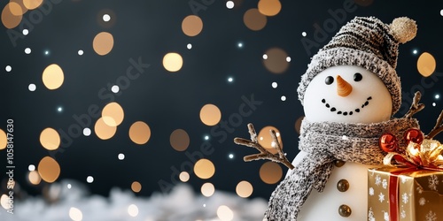 A charming snowman wearing a cozy hat and scarf, holding a gift box, surrounded by twinkling lights, evoking holiday cheer and a sense of wonder. photo