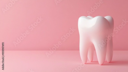 A single, white tooth on a pink background.