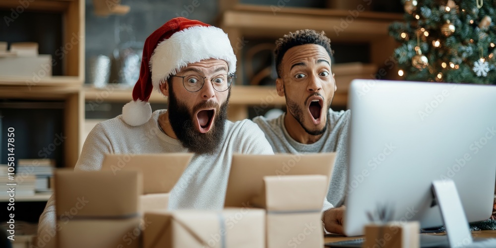 Two cheerful men are sitting together in a festive setting, wearing holiday hats and expressing surprise while looking at a computer surrounded by gift packages. Two cheerful men are sitting together in a festive setting, wearing holiday hats and expressing surprise while looking at a computer surrounded by gift packages.