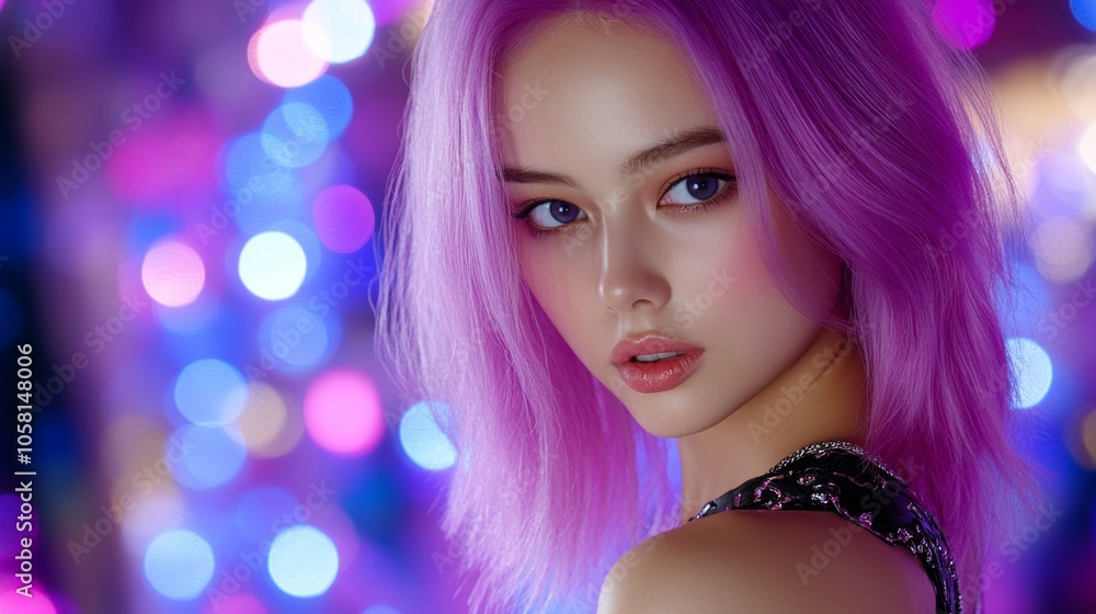 Young Woman with Purple Hair Posing with Bokeh Lights Young Woman with Purple Hair Posing with Bokeh Lights