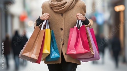 Close-up of a woman's hands holding multiple colorful shopping bags in an urban environment