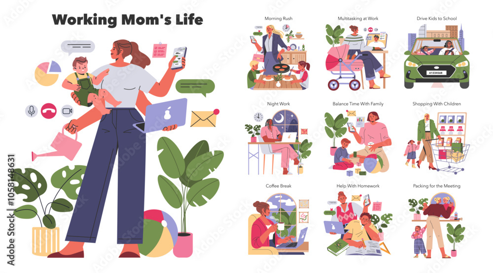Fototapeta premium Working Mom Life. Flat Vector Illustration