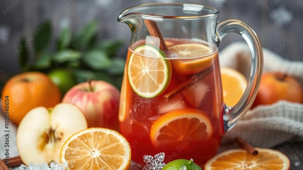A close-up of a winter sangria pitcher with slices of citrus, apples, and cinnamon sticks, fruit, citrus A close-up of a winter sangria pitcher with slices of citrus, apples, and cinnamon sticks, fruit, citrus