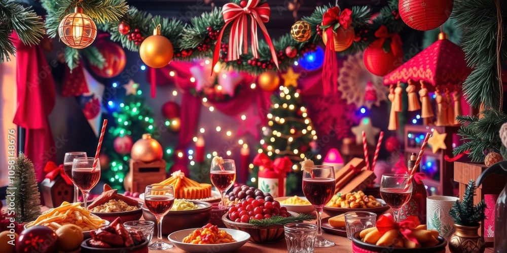 Fototapeta premium A glass of holiday punch with pine cones and citrus slices, party, ornaments