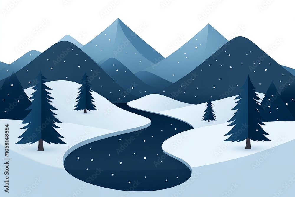 Stylized winter illustration of snow capped mountains trees and a winding road under a starry sky creating a whimsical and serene winter night scene Stylized winter illustration of snow capped mountains trees and a winding road under a starry sky creating a whimsical and serene winter night scene