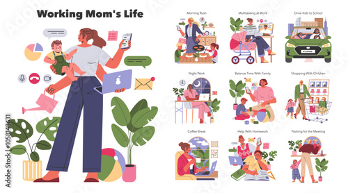 Working Mom Life. Flat Vector Illustration