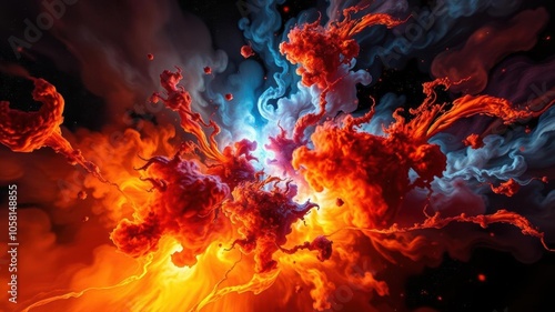 Abstract fractal art resembling a fiery storm or explosion, creating a dynamic vortex of swirling colors and shapes, dynamic, storm