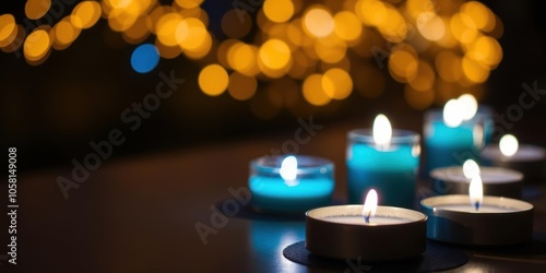 Bright blue tealight candles casting a warm glow on an outdoor table, light, flame