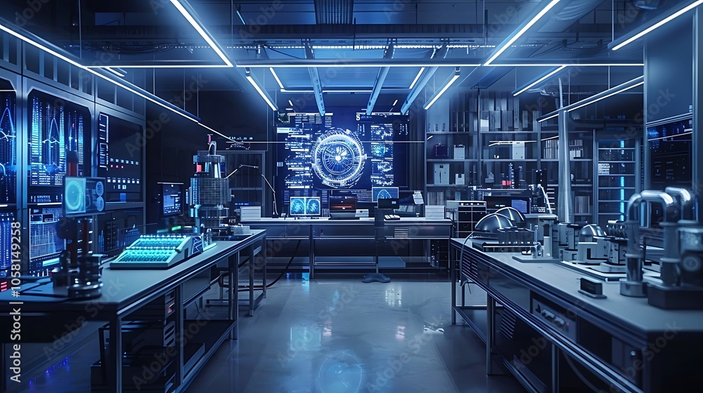 A modern, high-tech laboratory with blue lighting, advanced equipment, and a digital display featuring intricate data visualizations. A modern, high-tech laboratory with blue lighting, advanced equipment, and a digital display featuring intricate data visualizations.