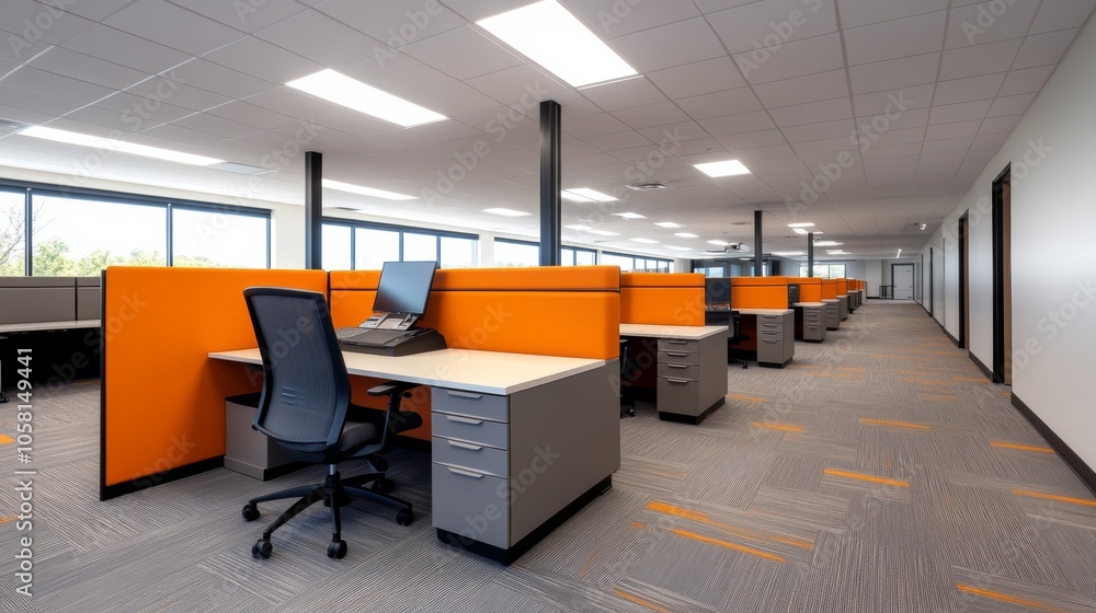 Fototapeta premium Modern Office Workspace with Orange Cubicles Desk and Carpet