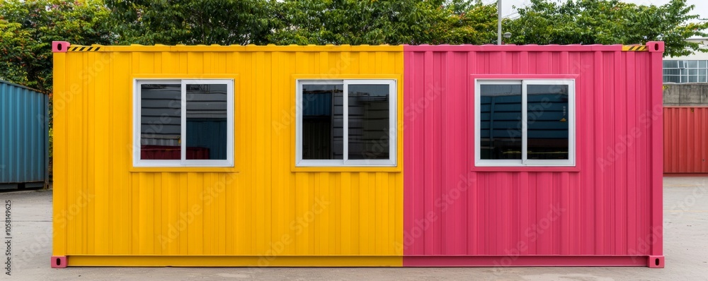 A vibrant shipping container, split yellow and pink, with windows, set against a backdrop of greenery and other containers. A vibrant shipping container, split yellow and pink, with windows, set against a backdrop of greenery and other containers.