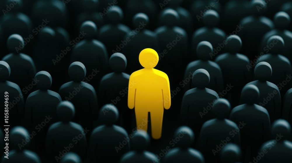 Fototapeta premium A striking yellow figure amidst dark silhouettes symbolizes brand differentiation and uniqueness in a competitive landscape.