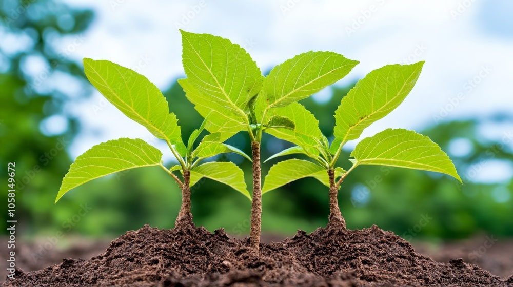 Three Young Saplings Growing in Soil with Green Background Three Young Saplings Growing in Soil with Green Background