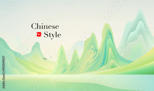 Chinese style landscape banner yellow green mountains