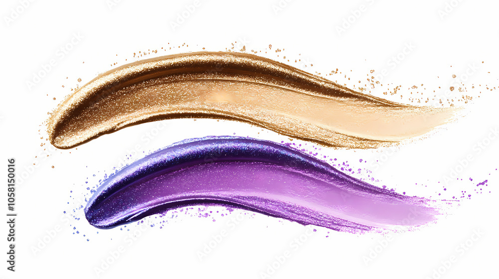 Fototapeta premium A streak of liquid metallic eyeshadow swatches in gold, violet, and platinum, with a sleek, reflective texture that catches the light. Metallic Glaze. Illustration