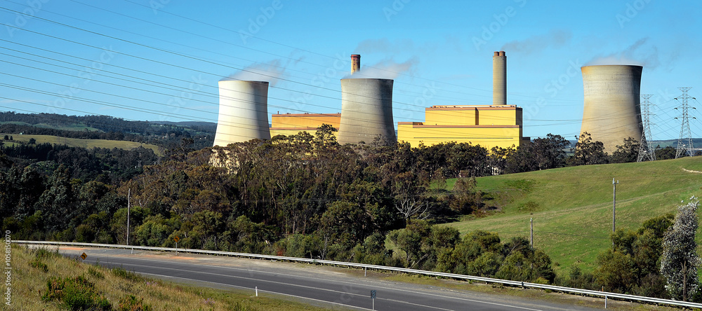 Yallourn Power Station in the Latrobe Valley Victoria showing transmission lines and cooling towers Yallourn Power Station in the Latrobe Valley Victoria showing transmission lines and cooling towers
