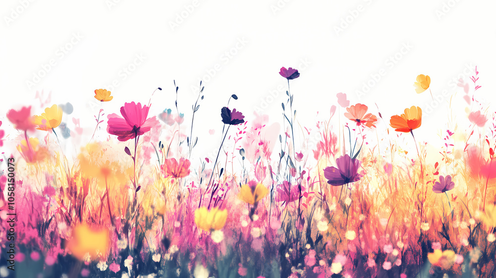A vibrant field of colorful wildflowers against a white background. Flowering Meadow. Illustration A vibrant field of colorful wildflowers against a white background. Flowering Meadow. Illustration