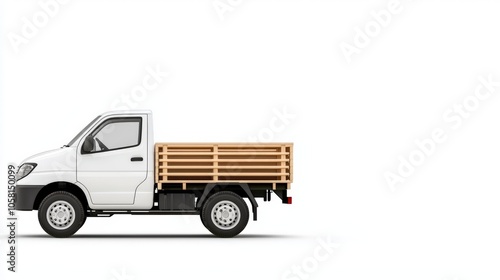 A compact white truck with a wooden flatbed, designed for transportation and utility purposes, shown in profile view. photo