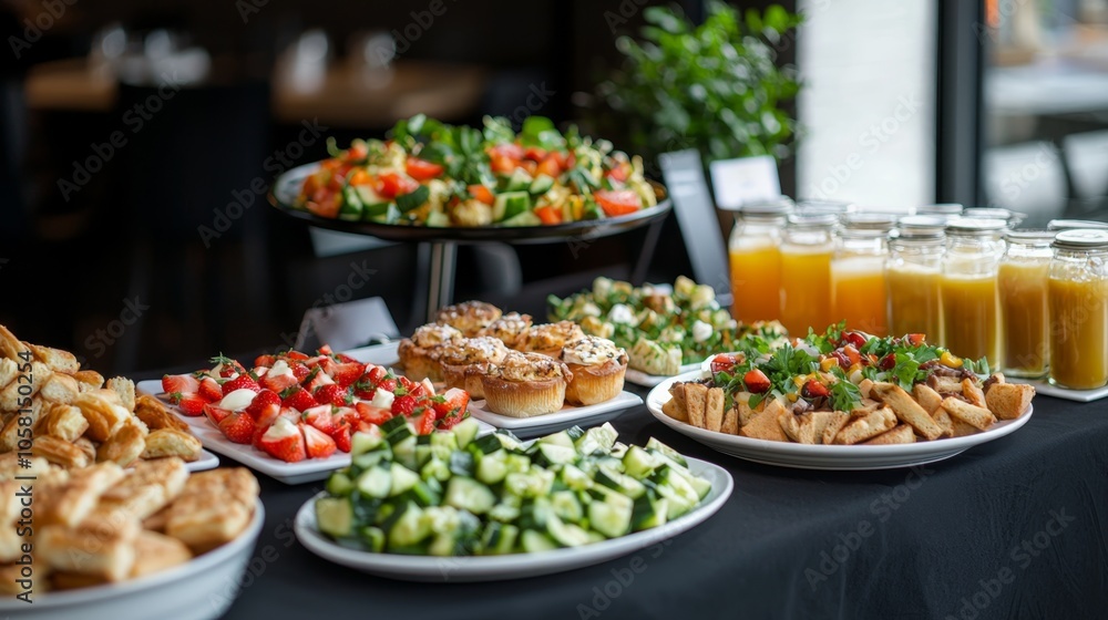 Delightful Breakfast Buffet Spread with Assorted Pastries, Fresh Juice, and Coffee for Meeting Delightful Breakfast Buffet Spread with Assorted Pastries, Fresh Juice, and Coffee for Meeting