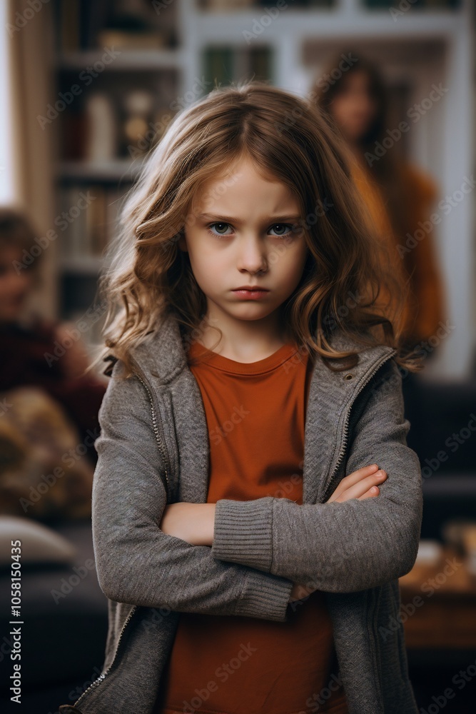 custom made wallpaper toronto digitalA serious child stands with arms crossed, expressing frustration indoors.