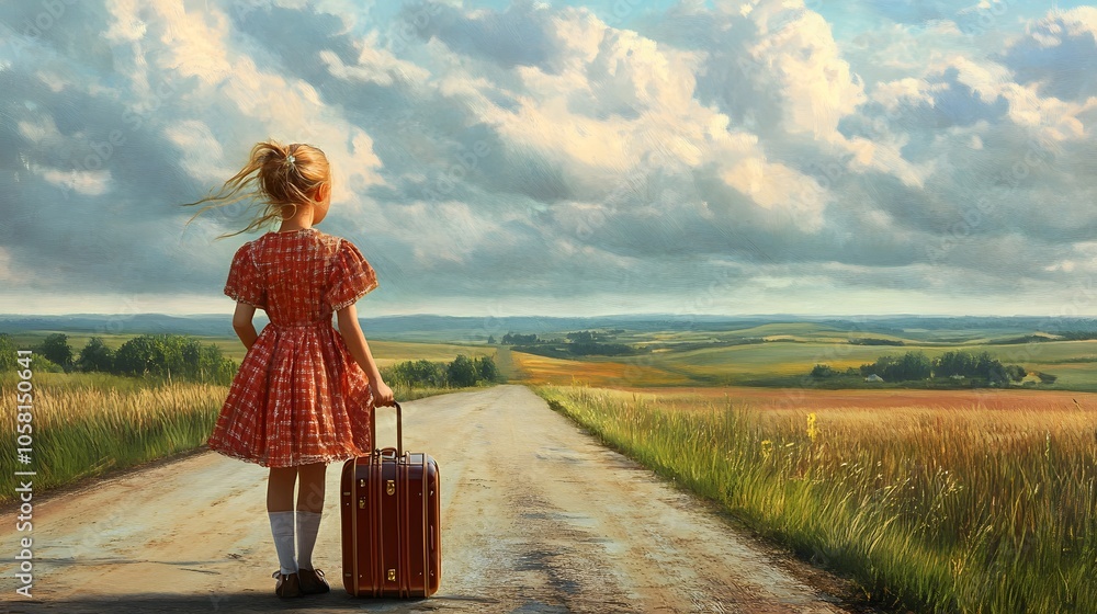 Fototapeta premium Lonely girl with suitcase at country road dreaming about travel.