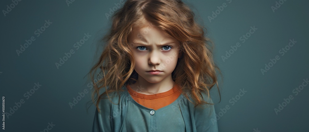 A young girl with curly hair displays a serious expression. A young girl with curly hair displays a serious expression.