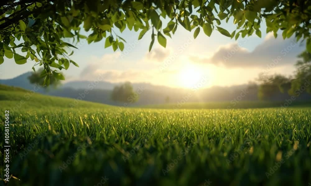 Serene Sunrise Over a Lush Green Meadow with Dew-Covered Grass and Tree Branches in the Foreground Serene Sunrise Over a Lush Green Meadow with Dew-Covered Grass and Tree Branches in the Foreground