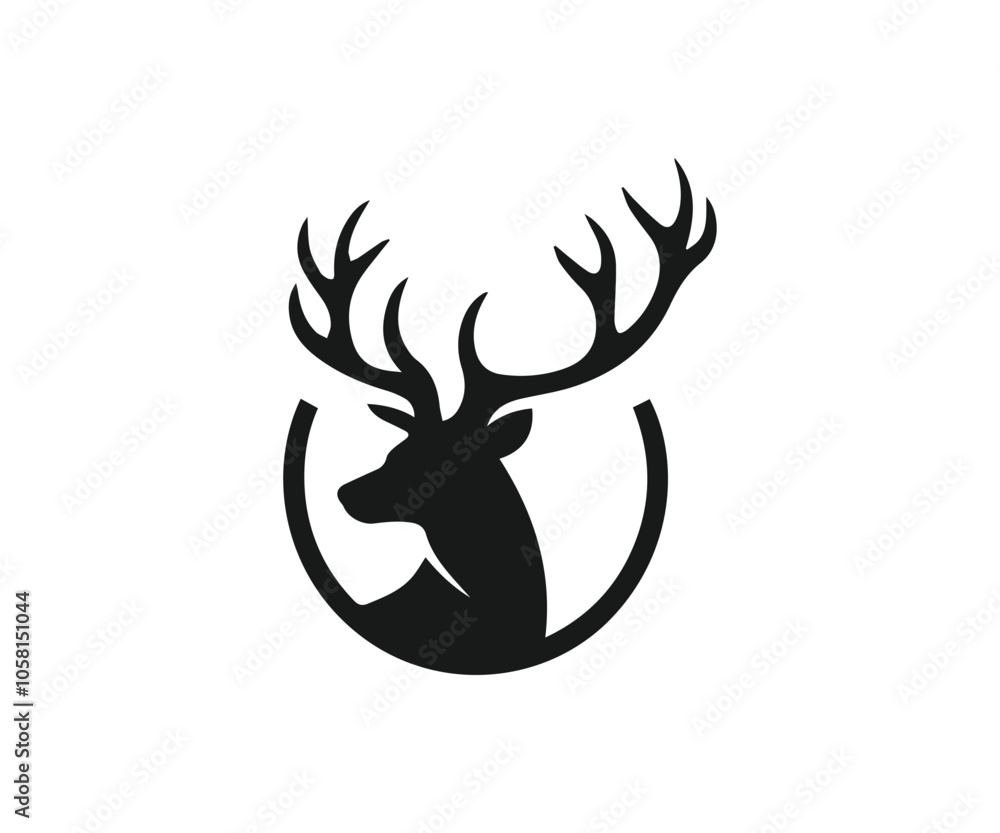 Deer hunter logo, emblem, vector illustration of deer head silhouette and arrow. hunter club, deer hunting symbol icon, unique deer circular logo design icon Deer hunter logo, emblem, vector illustration of deer head silhouette and arrow. hunter club, deer hunting symbol icon, unique deer circular logo design icon
