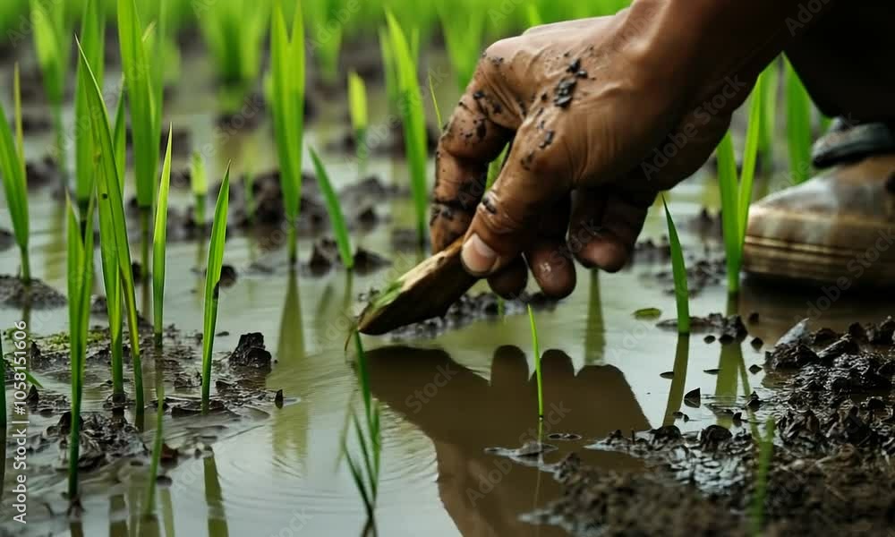 A hand planting rice seedlings in muddy water, showcasing agricultural practices. A hand planting rice seedlings in muddy water, showcasing agricultural practices.